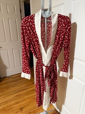 Women’s Red Floral Wrap Robe with Cream Trim